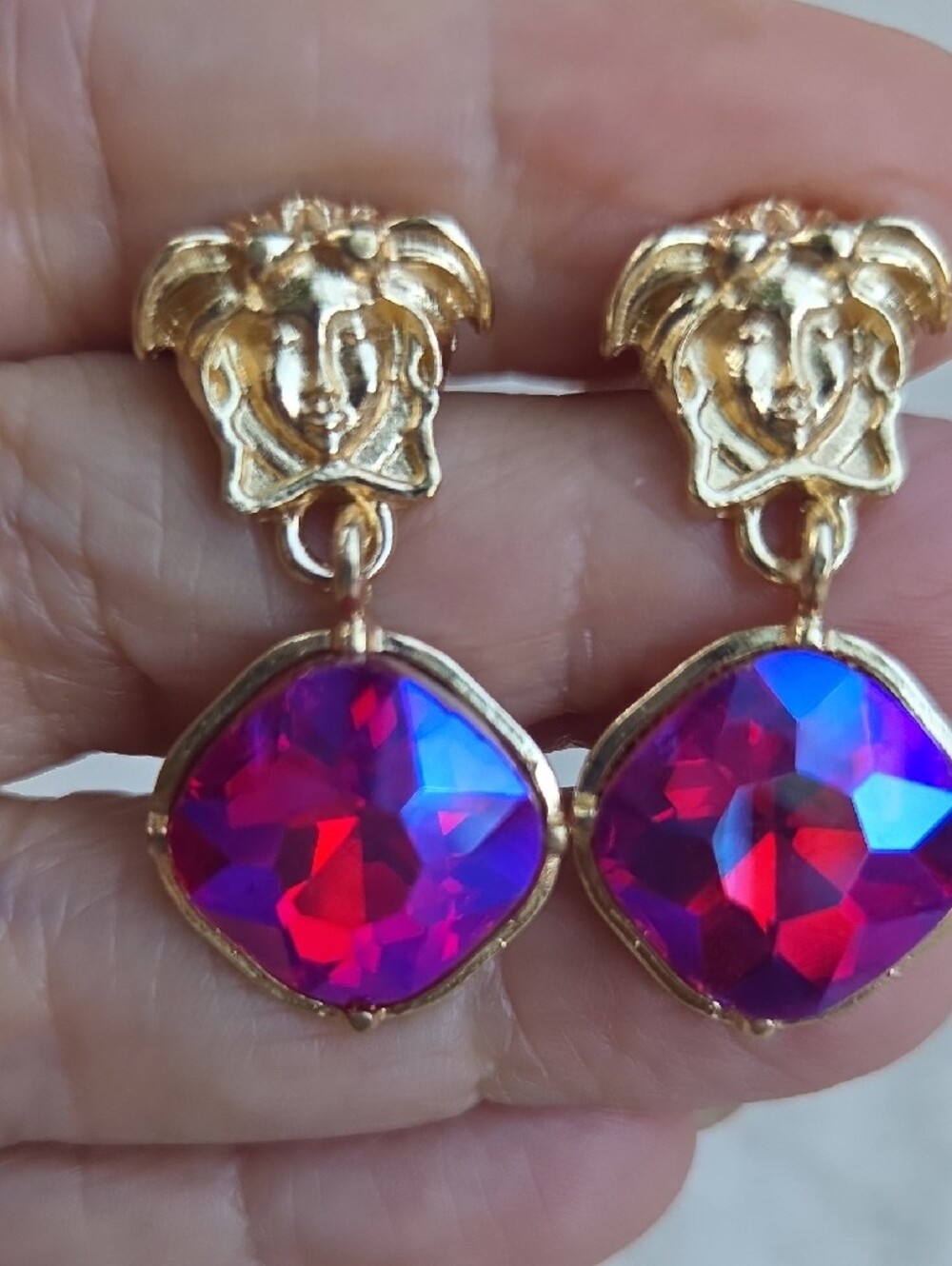 Gold-Tone Drop Earrings with Iridescent Pink and Blue Gemstones